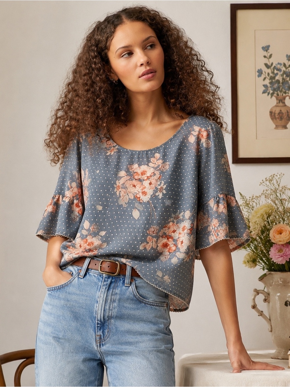 Rose+Olive Floral Polka Dot Bell Sleeve Blouse Blue Gray XL